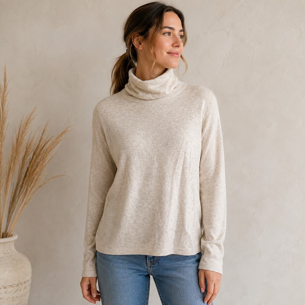 Ann Taylor LOFT Wool Blend Turtleneck Sweater L Natural Heather Quiet Luxury